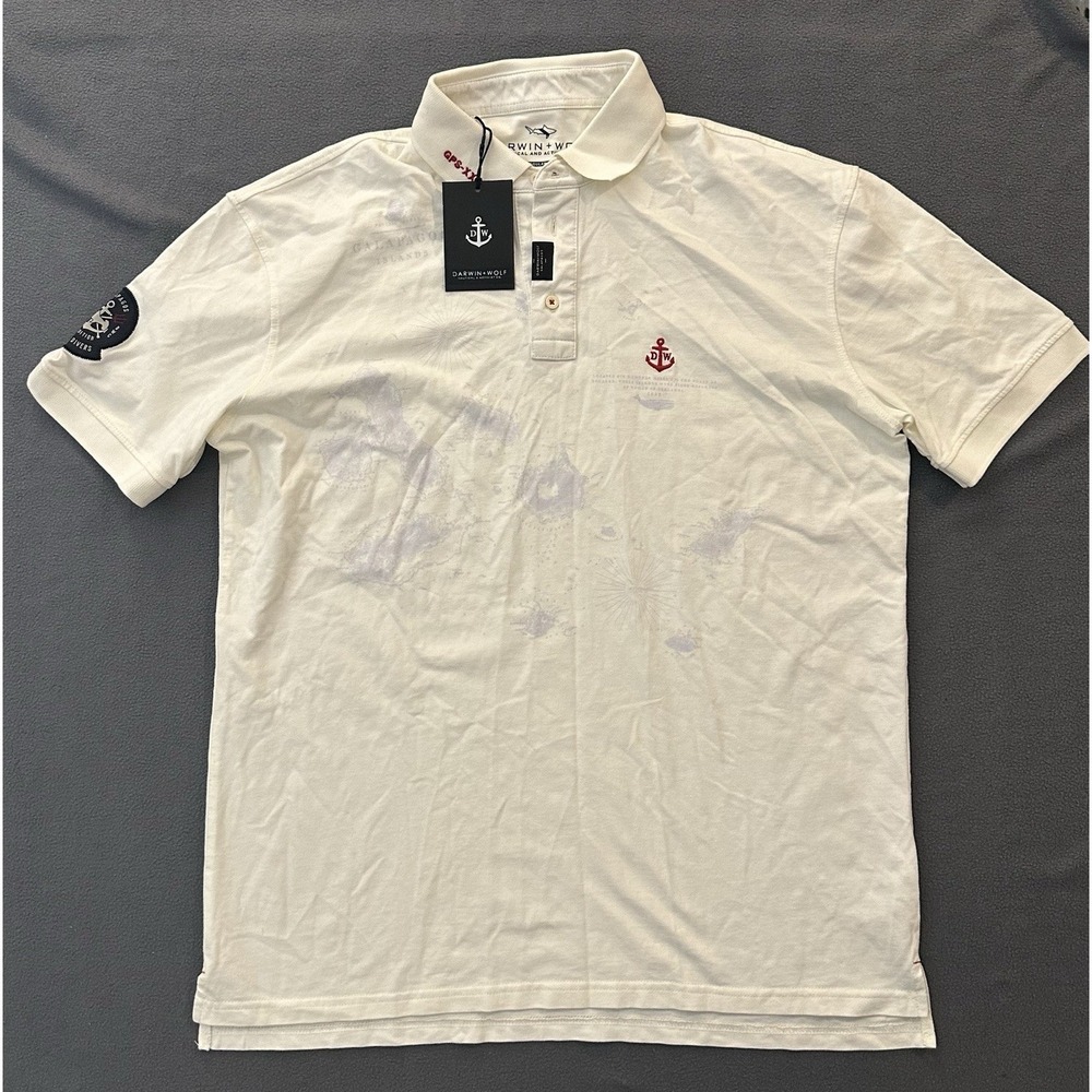 Darwin+Wolf Galapagos Polo Shirt Men XXL White GPS Shark Topographic Ecuador